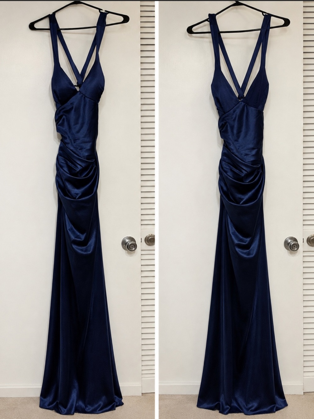 Elegant Navy Satin Evening Gown with Draped Detail